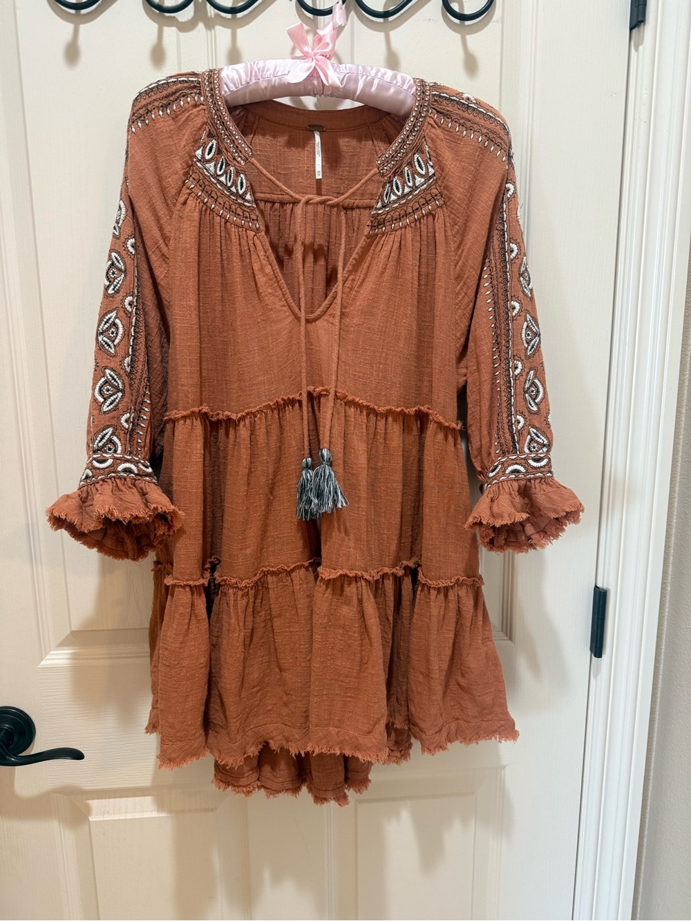 Free People Rust Tiered Boho Embroidered Midi Dress